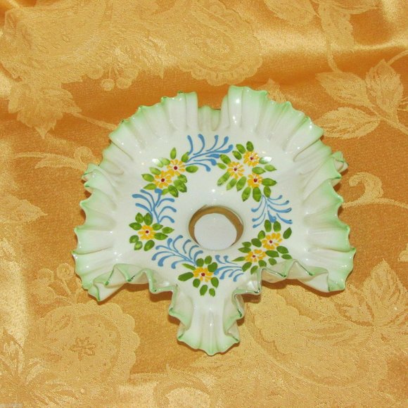 Antique Ruffled Green Glass Candle Holder Hand Painted Flowers Cottagecore - Picture 9 of 10